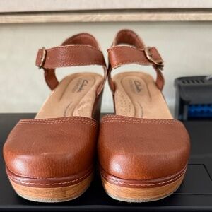 Clarks Brown Leather Strap Mules